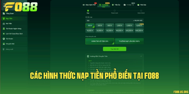 Các hình thức nạp tiền phổ biến tại Fo88